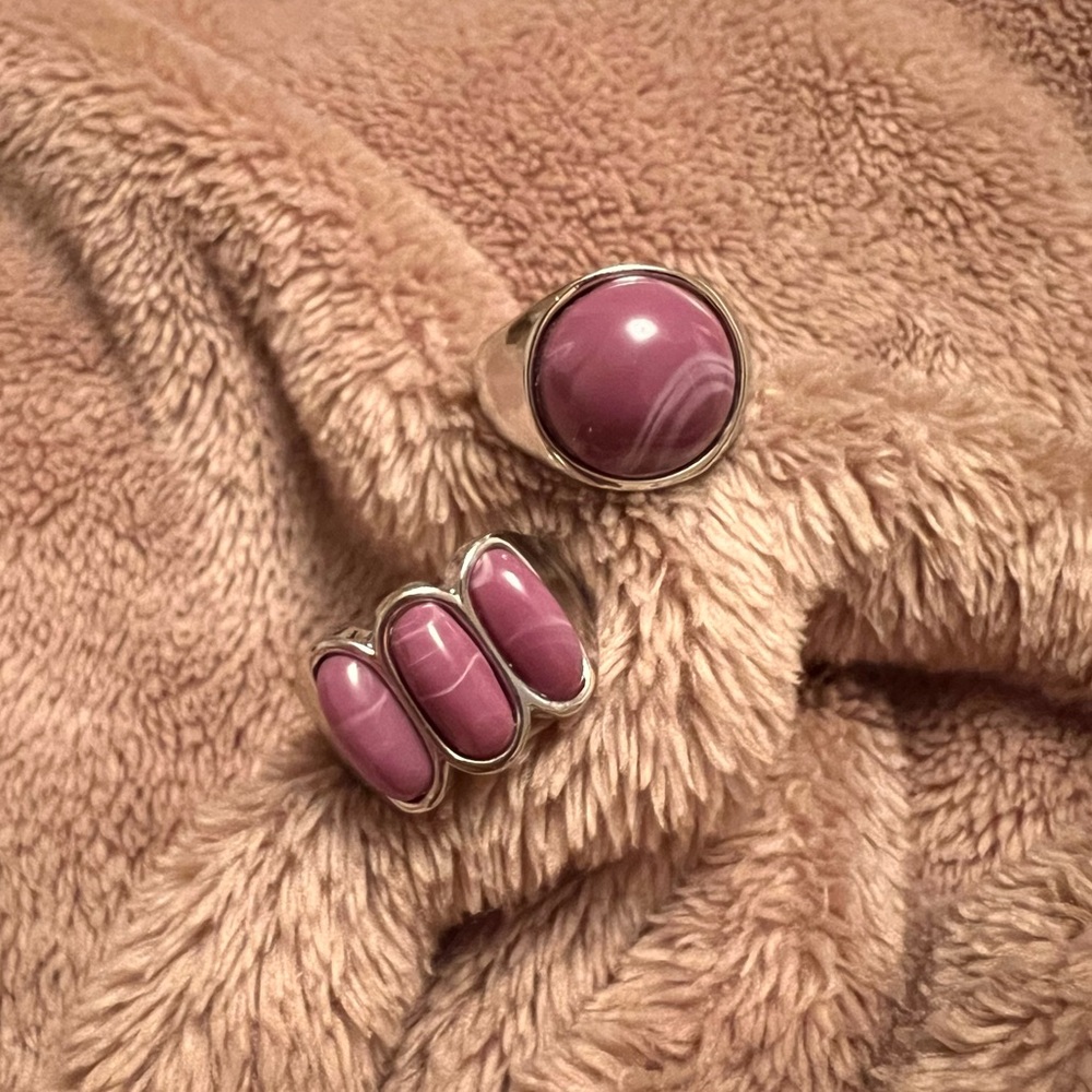 SZ 7.5 | Vintage Chunky Silver Ring Set with Purple and White Marble Stones